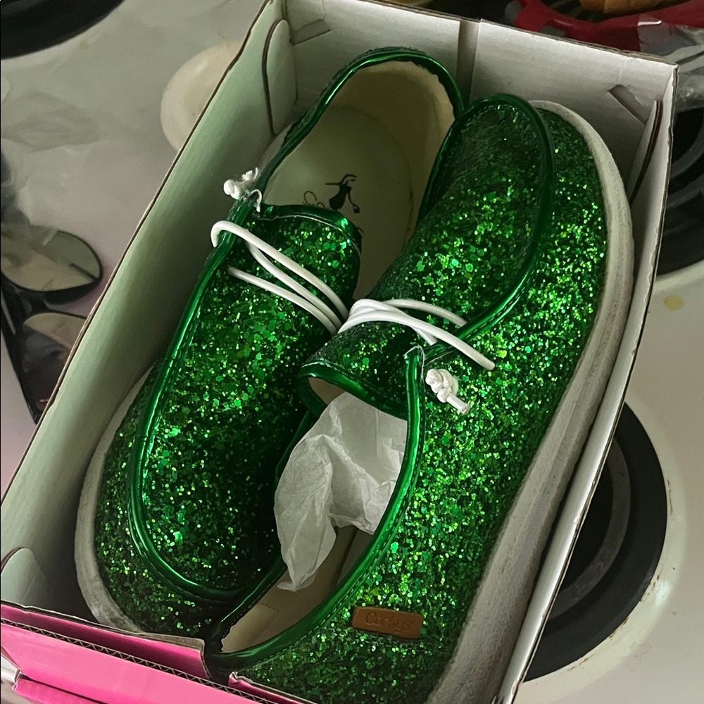 Corkys Emerald Glitter Loafers with White Laces